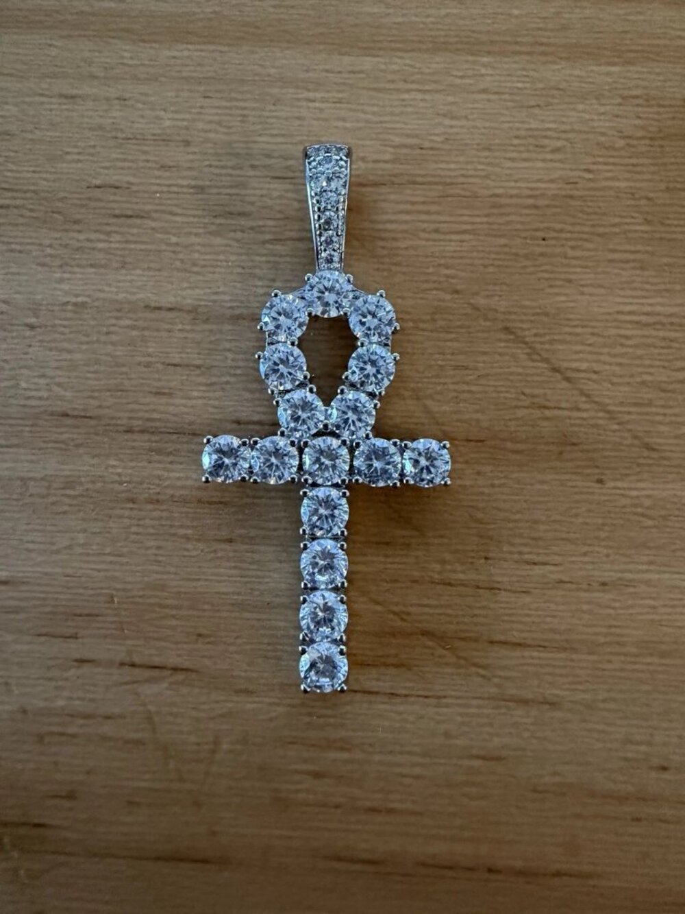 GLD Iced Ankh Cross Pendant 5 Grams of 14 k White Gold Plating 20mm x 35mm